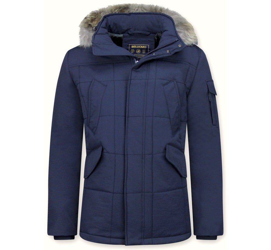 Winterjas Heren Lange  - met Kleine Bontkraag - Navy