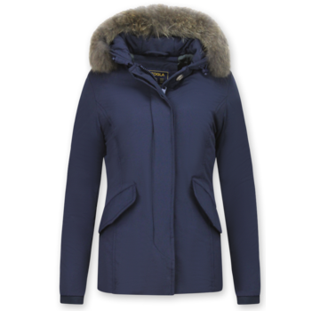 Beluomo Getailleerde Dames Winterjas  - met Kleine Bontkraag - Blauw