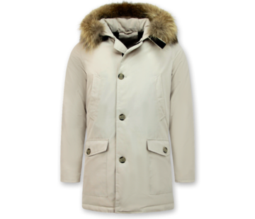 Enos Lange Heren Winterjas met Grote Echte Bontkraag – Beige