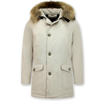 Enos Lange Heren Winterjas met Grote Echte Bontkraag – Beige