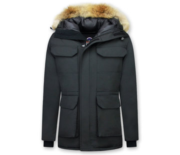 Beluomo Heren Winterjas Halflang  - Parka Met Grote Bontkraag - Zwart