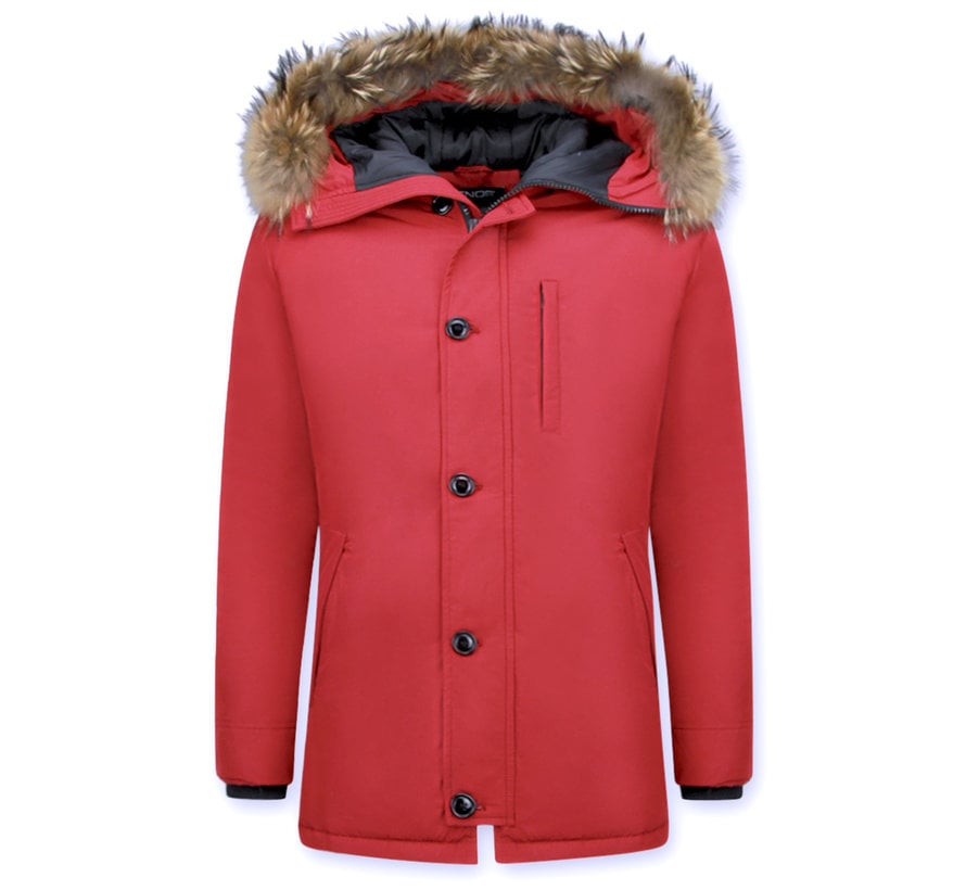 Heren Winterjas Lang - Parka Grote Kunstkraag -Rood