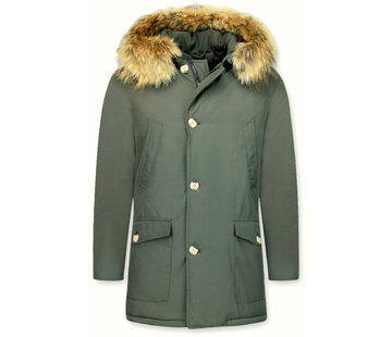 Enos Luxe Parka Heren Winterjas Lang - Grote Bontkraag - Groen