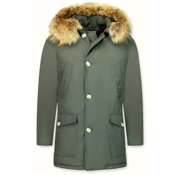 Enos Luxe Parka Heren Winterjas Lang - Grote Bontkraag - Groen