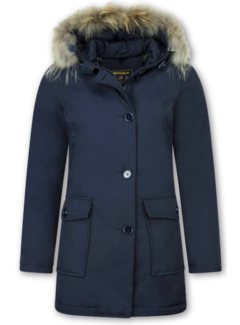 Beluomo Dames Winterjas Lang - Parka met Bontkraag - Steekzakken - Blauw