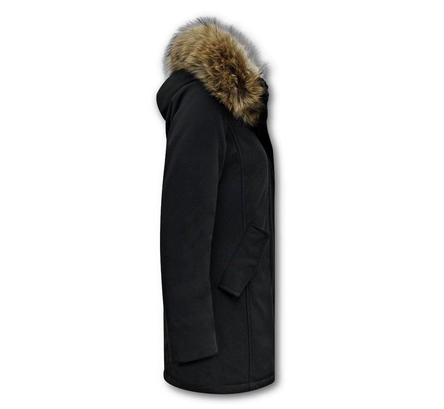 Winterjas Dames  met Echte Bontkraag - Slim Fit - Zwart