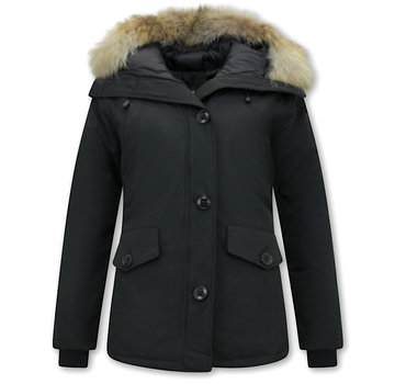 W  Collection Dames Halflange Winterjas met Bontkraag - Zwart