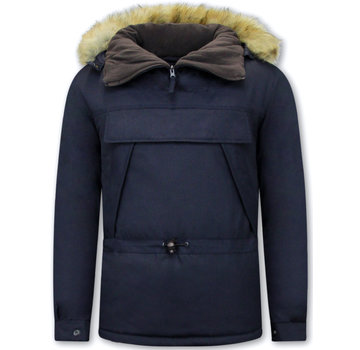 Beluomo Anorak Jas Over je Hoofd  met Bontkraag – Blauw