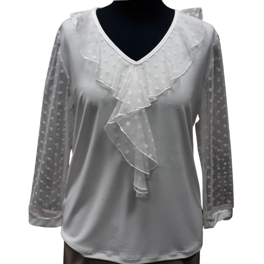 Damen Chiffonbluse MILENA mit Volantdetails, weiß gepunktet