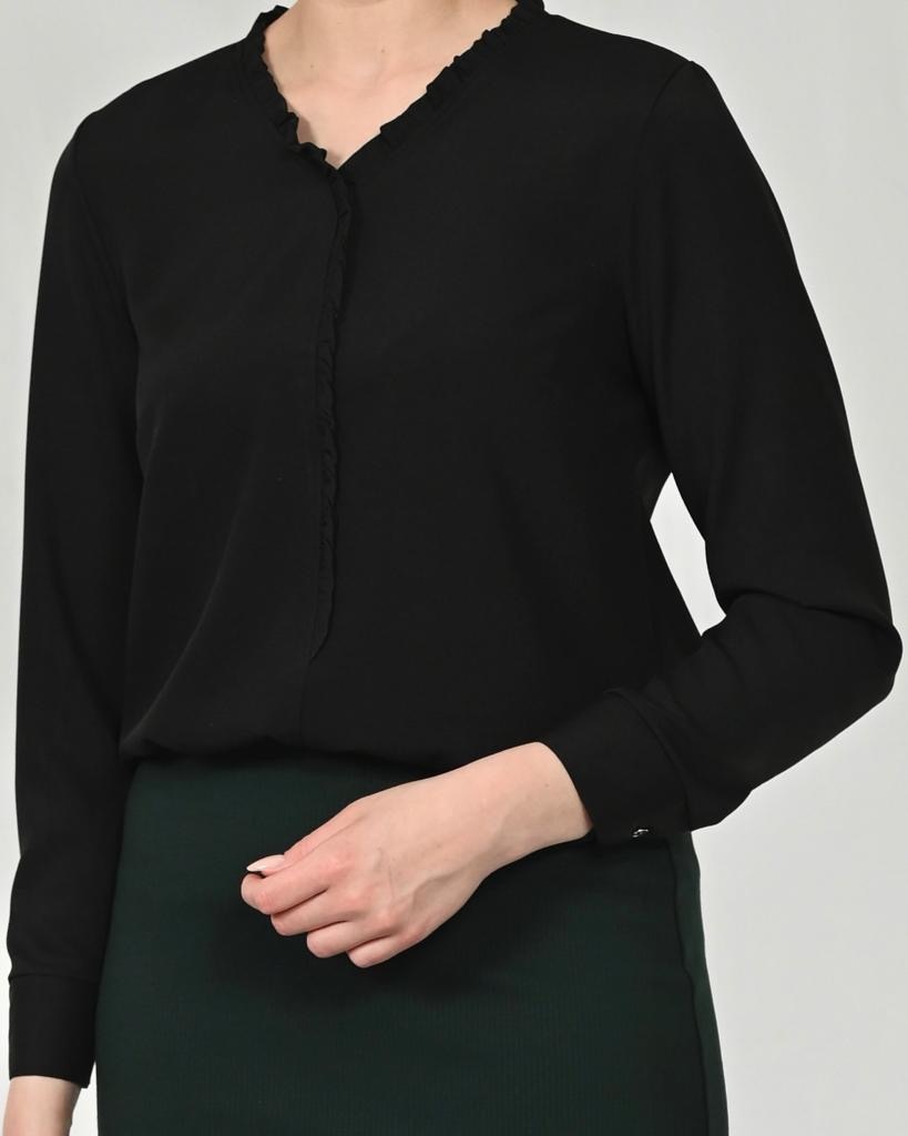 Damen Bluse mit Rüschenkragen, schwarz