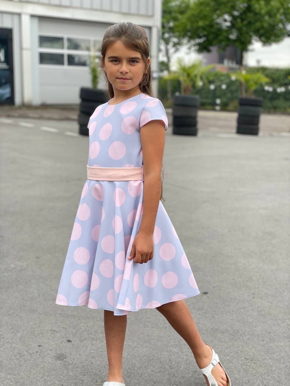 Sommerkleid mit Polka Dots, hellblau-rosa