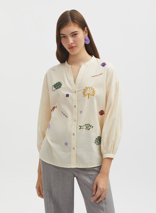 Nice Things - Colored Embroidered Shirt - Ecru