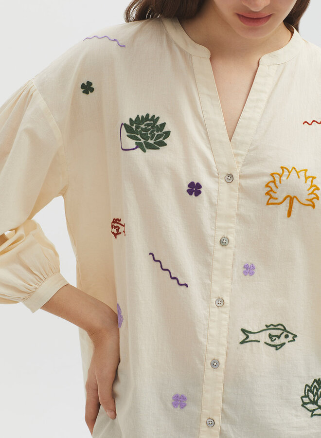 Nice Things - Colored Embroidered Shirt - Ecru