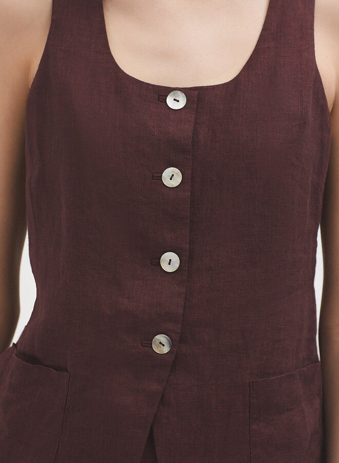 Nice Things- 100% Linen Buttoned Top - Chestnut