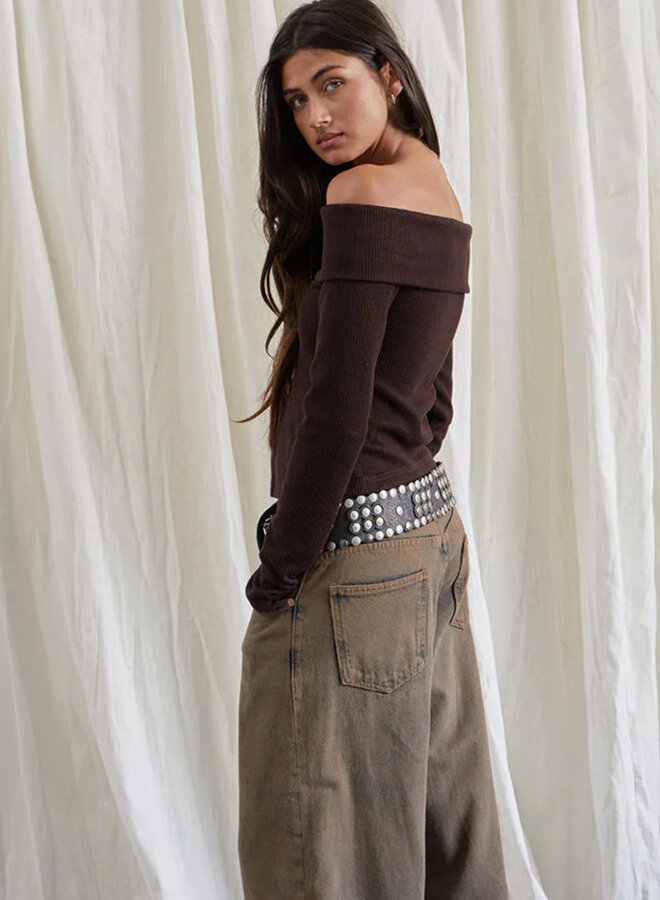 Off shoulder Button Knit Top - Choco