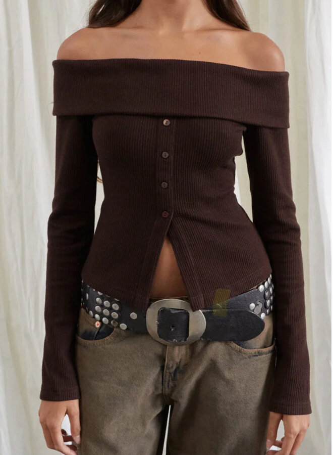 Off shoulder Button Knit Top - Choco