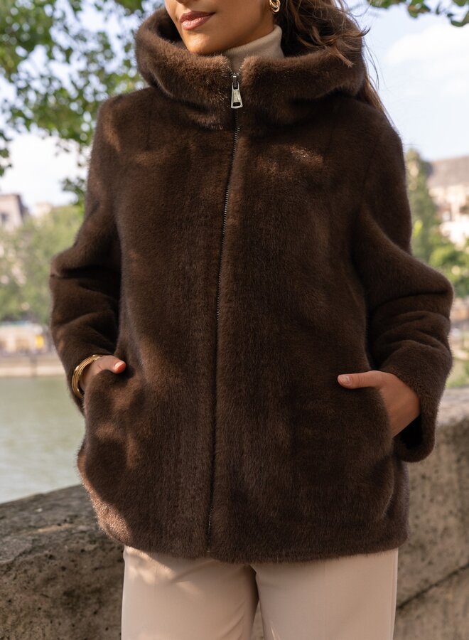 Manteaux Faux Fur Hoodie Zip - Marron