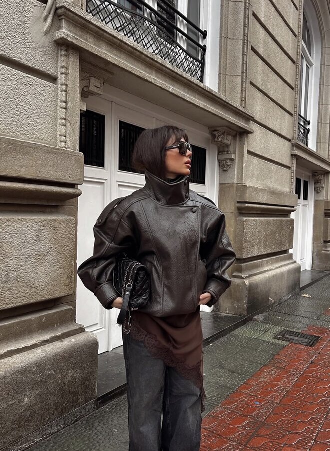 Alix Faux Leather Bomber - Marron