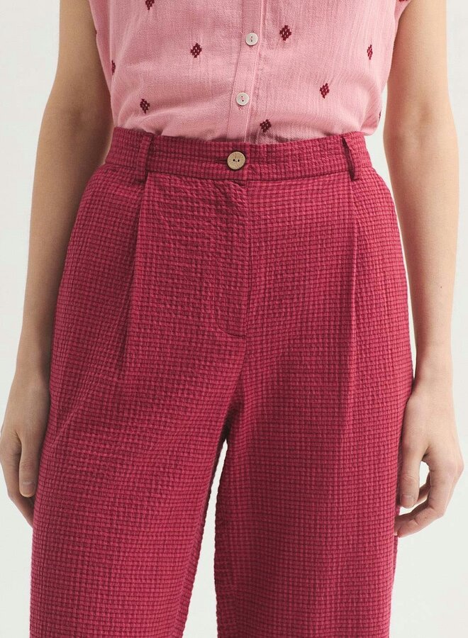 Nice Things - Mini Gingham Seersucker Trousers - Intense Red