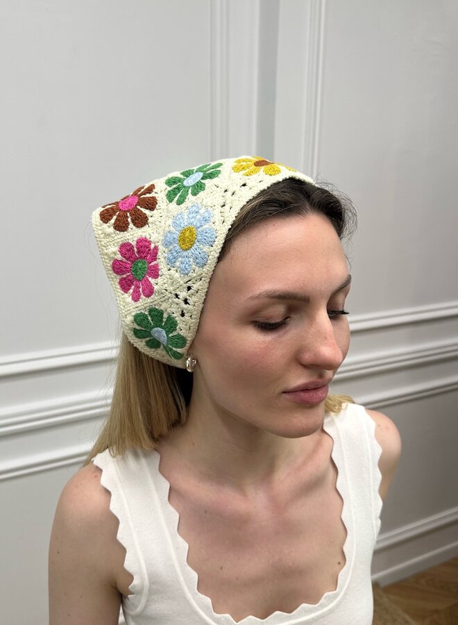 Foulard Crochet Fleur - Ecru et Multicolore