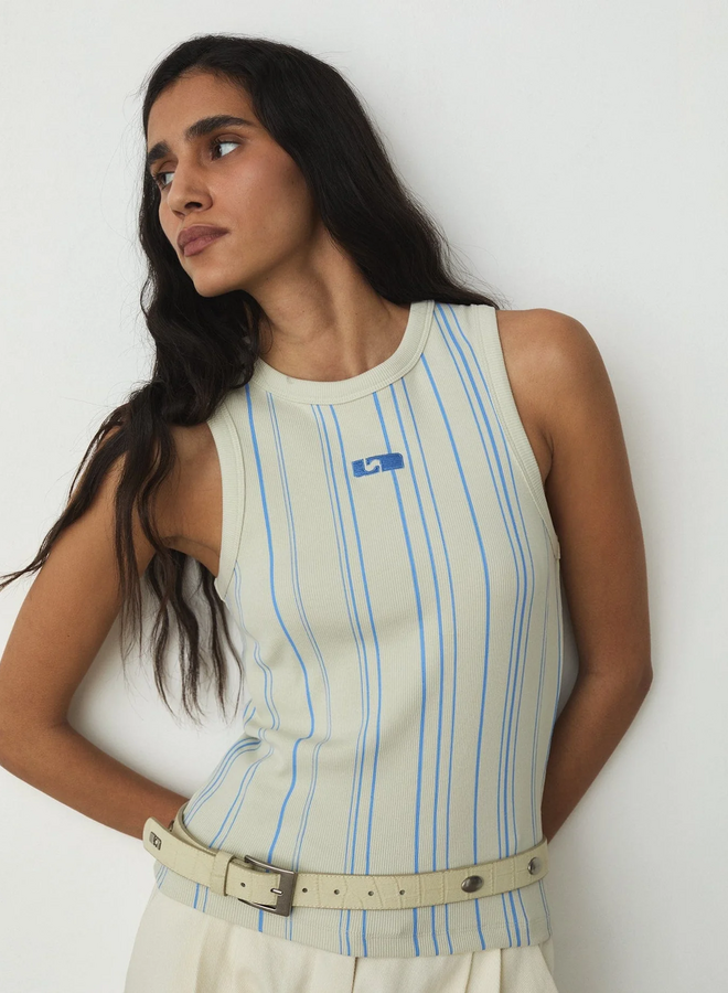 LAAGAM - Striped Embroidered Logo Tank Top - Light Blue