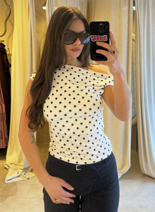 Off Shoulder Polka Dot Top - Blanc et Noir