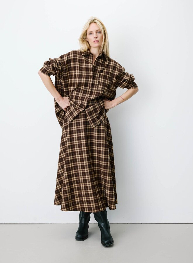 G&M - Plaid Flannel A-Line Maxi Skirt Adonia - Chocolat