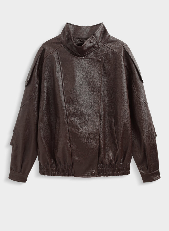 Funnel Neck Vegan Leather Coat - Brown