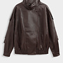 Funnel Neck Vegan Leather Coat - Brown