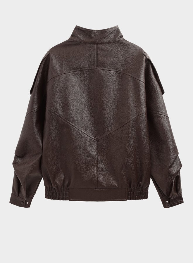 Funnel Neck Vegan Leather Coat - Brown