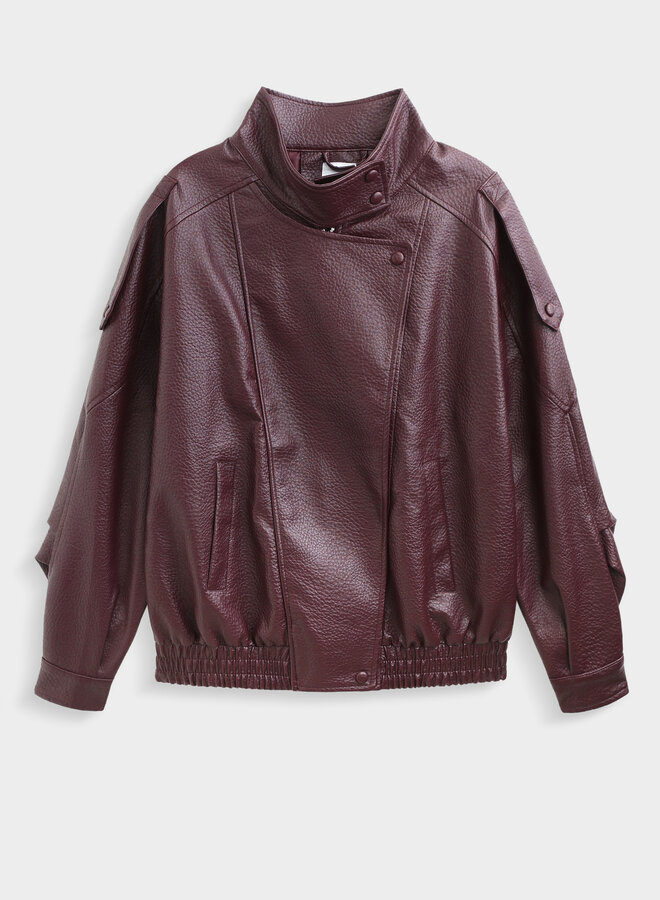 Funnel Neck Vegan Leather Coat - Burgundy
