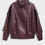 Funnel Neck Vegan Leather Coat - Burgundy