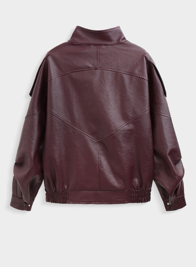 Funnel Neck Vegan Leather Coat - Burgundy