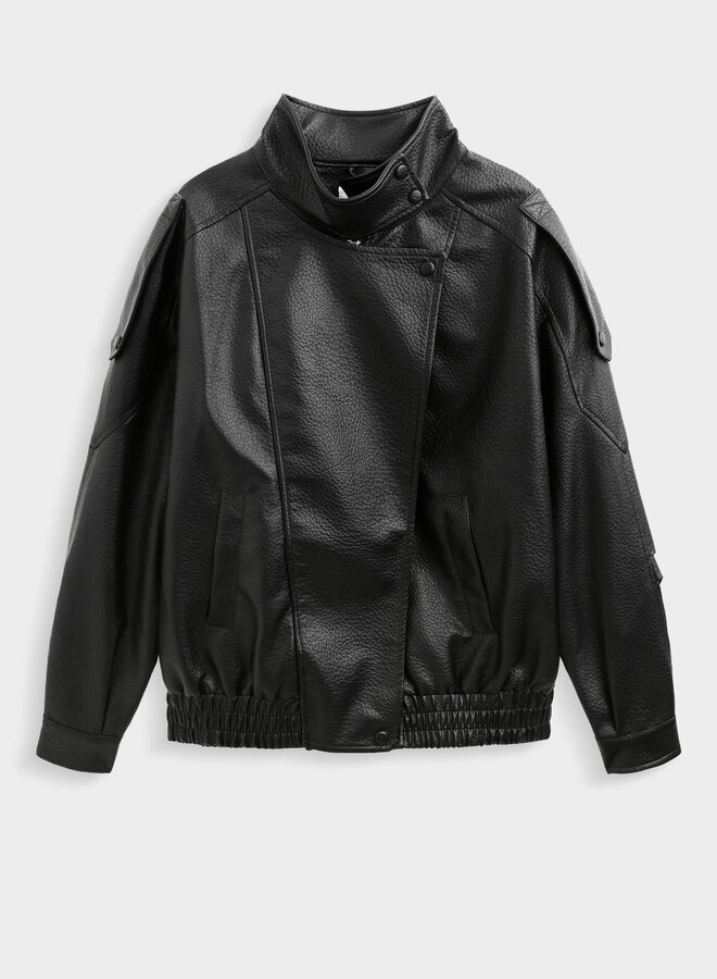 Funnel Neck Vegan Leather Coat - Black