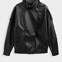 Funnel Neck Vegan Leather Coat - Black