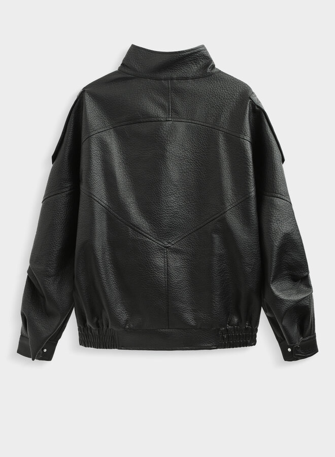 Funnel Neck Vegan Leather Coat - Black