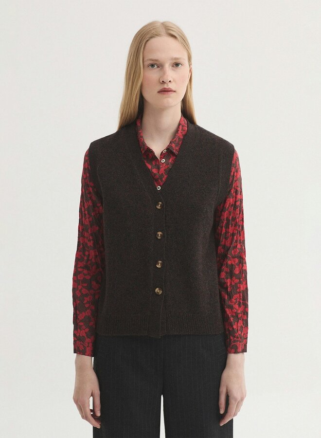 Nice Things - Buttoned V Neck Vest - Brown/Mid Grey
