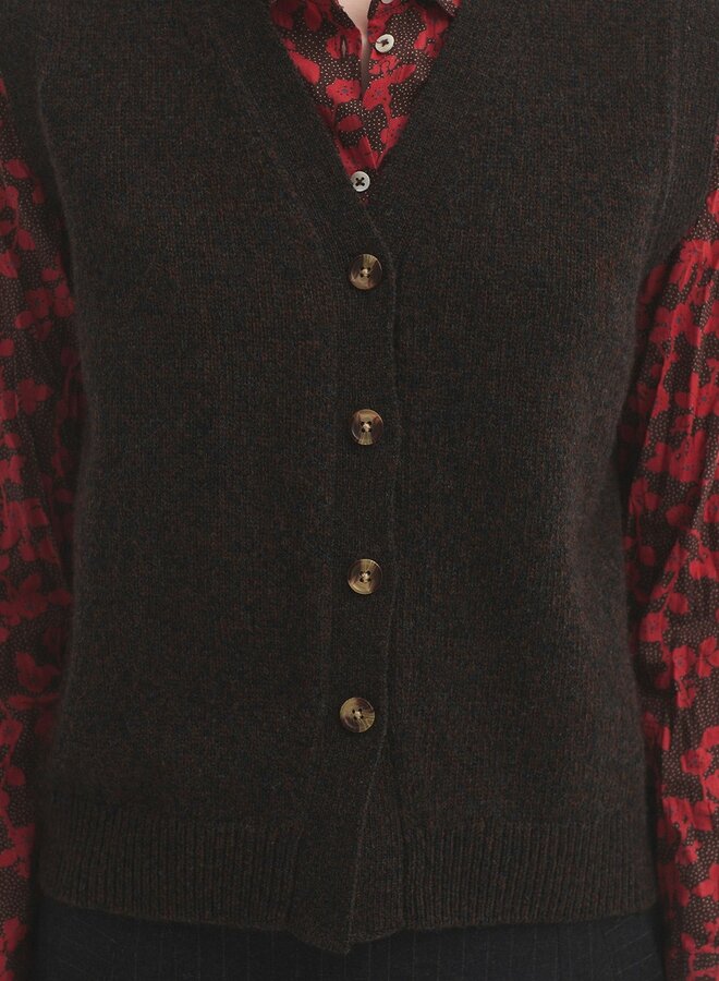 Nice Things - Buttoned V Neck Vest - Brown/Mid Grey