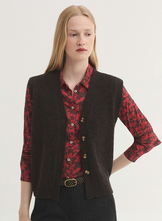 Nice Things - Buttoned V Neck Vest - Brown/Mid Grey