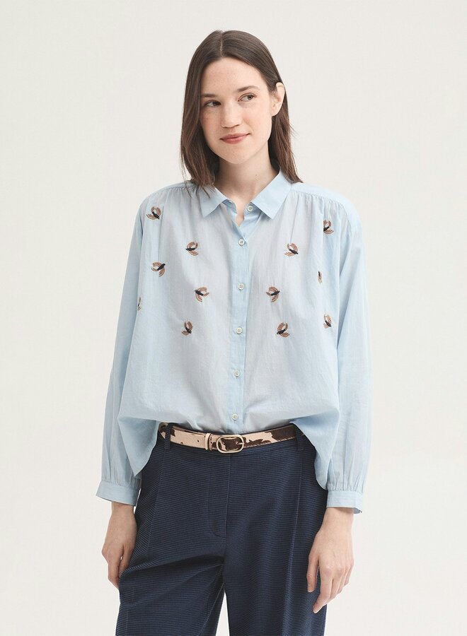 Nice Things - Embroidered Flying Birds Voile Shirt - Light Blue