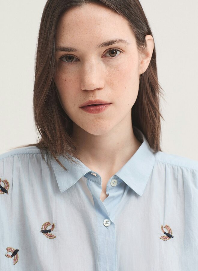 Nice Things - Embroidered Flying Birds Voile Shirt - Light Blue