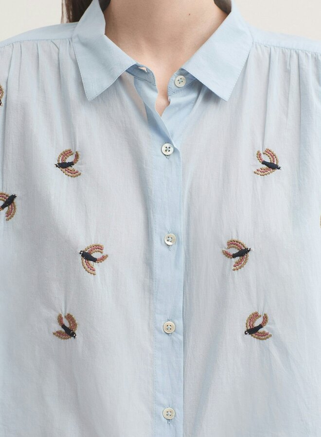 Nice Things - Embroidered Flying Birds Voile Shirt - Light Blue