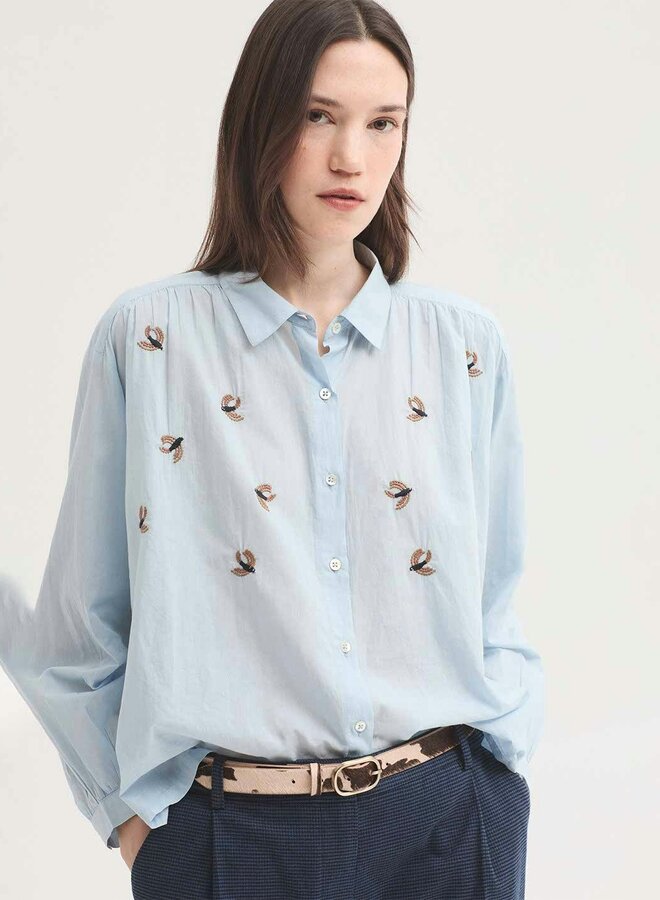 Nice Things - Embroidered Flying Birds Voile Shirt - Light Blue