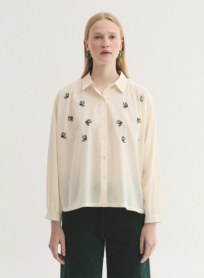 Nice Things - Embroidered Flying Birds Voile Shirt - Ecru