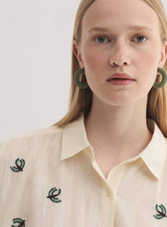 Nice Things - Embroidered Flying Birds Voile Shirt - Ecru