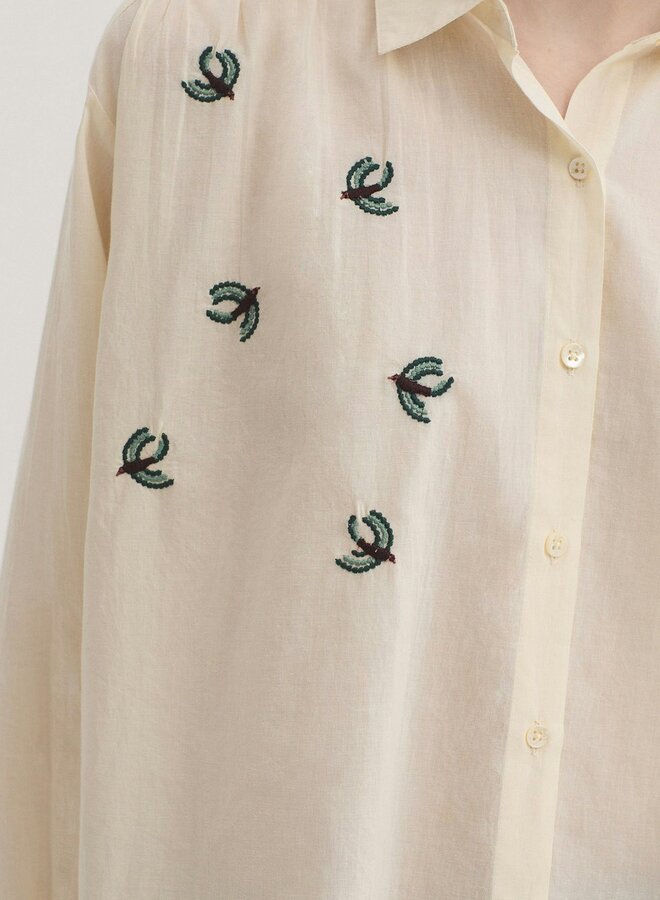 Nice Things - Embroidered Flying Birds Voile Shirt - Ecru