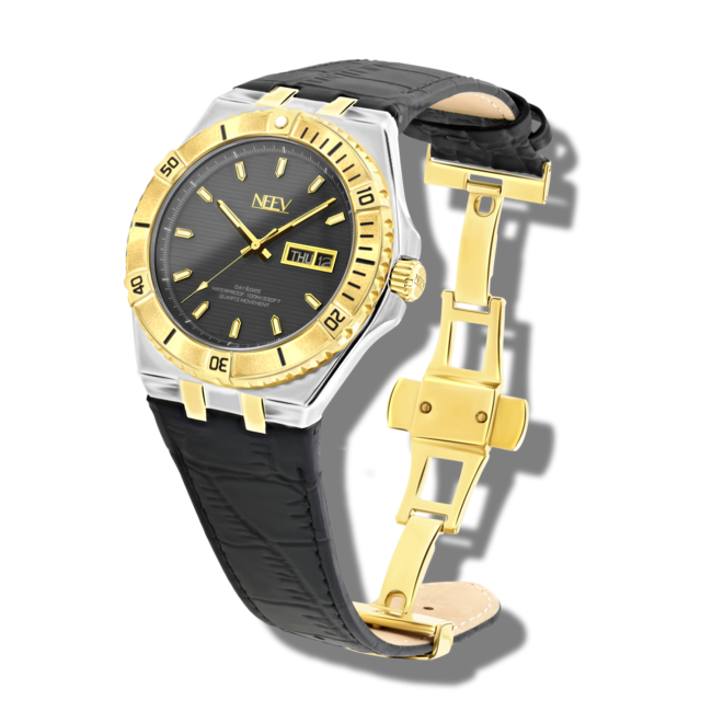 Horloge Day&Date Hackler | Leder Zwart/Zilver/Goud Zwart