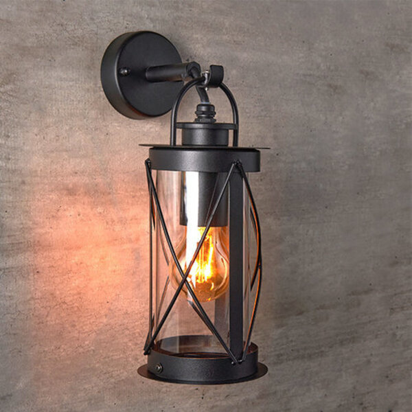 Industriella vägglampan Alicia i rostfritt stål och glas -svart