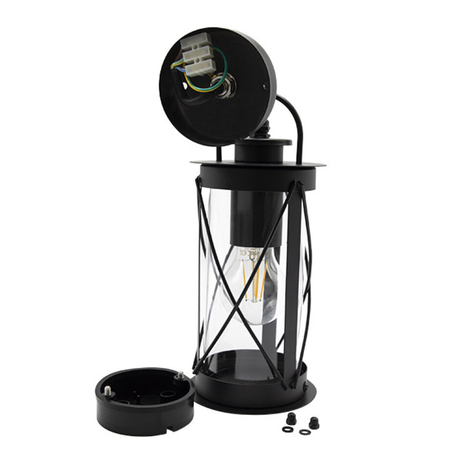 Industriella vägglampan Alicia i rostfritt stål och glas -svart