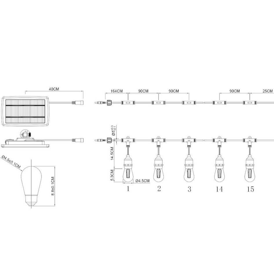 Sol-ljusslinga för utomhus med 15 lampor i hängande fattning - 15 Meter